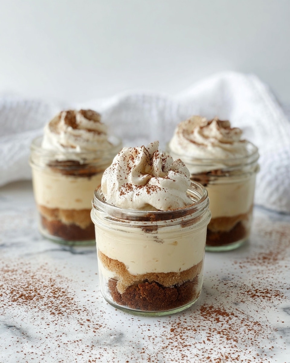 Three small clear glass jars are placed on a white marbled surface, each filled with three visible layers. The bottom layer is a dark brown crumbly base, looking like crushed cookies or cake. Above it is a thick, smooth, light beige creamy layer that fills most of the jar. The top layer is a fluffy white cream dollop, generously dusted with a fine brown powder, likely cocoa. Some cocoa powder is scattered loosely around the jars on the surface. The background is softly blurred white with a hint of a textured white cloth, giving a clean and fresh look. Photo taken with an iphone --ar 4:5 --v 7