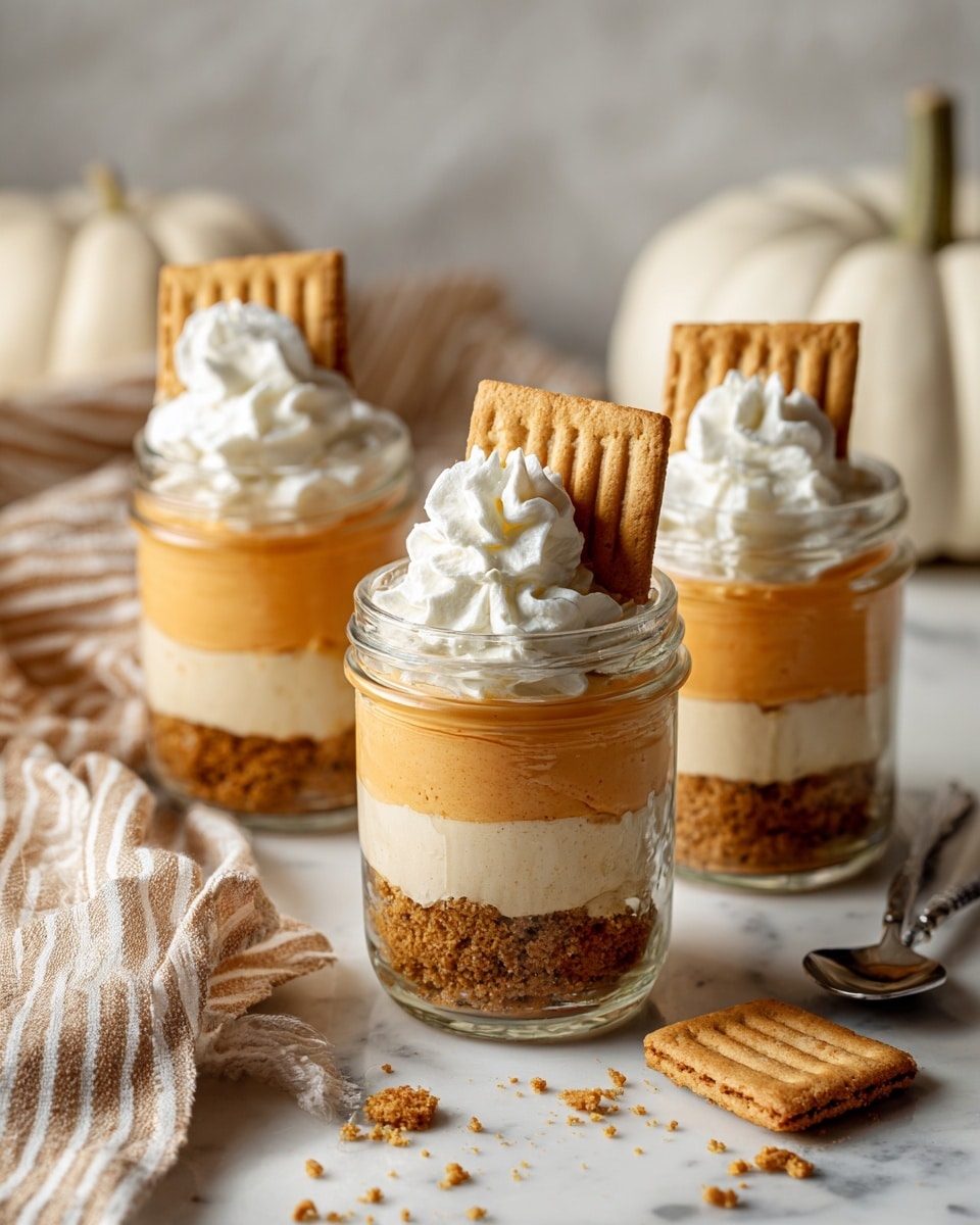 The image shows clear glass jars containing a layered dessert with three distinct layers: a bottom layer of light brown crumbly texture, a middle layer of smooth light orange creamy filling, and a top layer with a dollop of white whipped cream. Each jar has a rectangular light brown cracker inserted into the whipped cream on top. The jars sit on a white marbled surface, with a striped beige and white cloth on the left side, scattered cracker pieces, a silver spoon, and a white pumpkin in the background, giving a cozy fall vibe. photo taken with an iphone --ar 4:5 --v 7