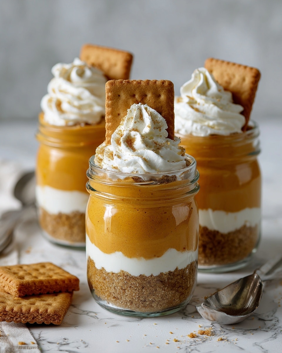 The image shows small glass jars filled with layered pumpkin pie mousse desserts. Each jar has three layers: the bottom layer is a crumbly light brown crust, the middle layer is a smooth, creamy orange pumpkin mousse, and the top layer is a dollop of white whipped cream. A rectangular, light brown graham cracker is placed upright in the whipped cream on each jar. The jars are placed on a white marbled surface, with some extra graham crackers and a silver spoon nearby. Photo taken with an iphone --ar 4:5 --v 7