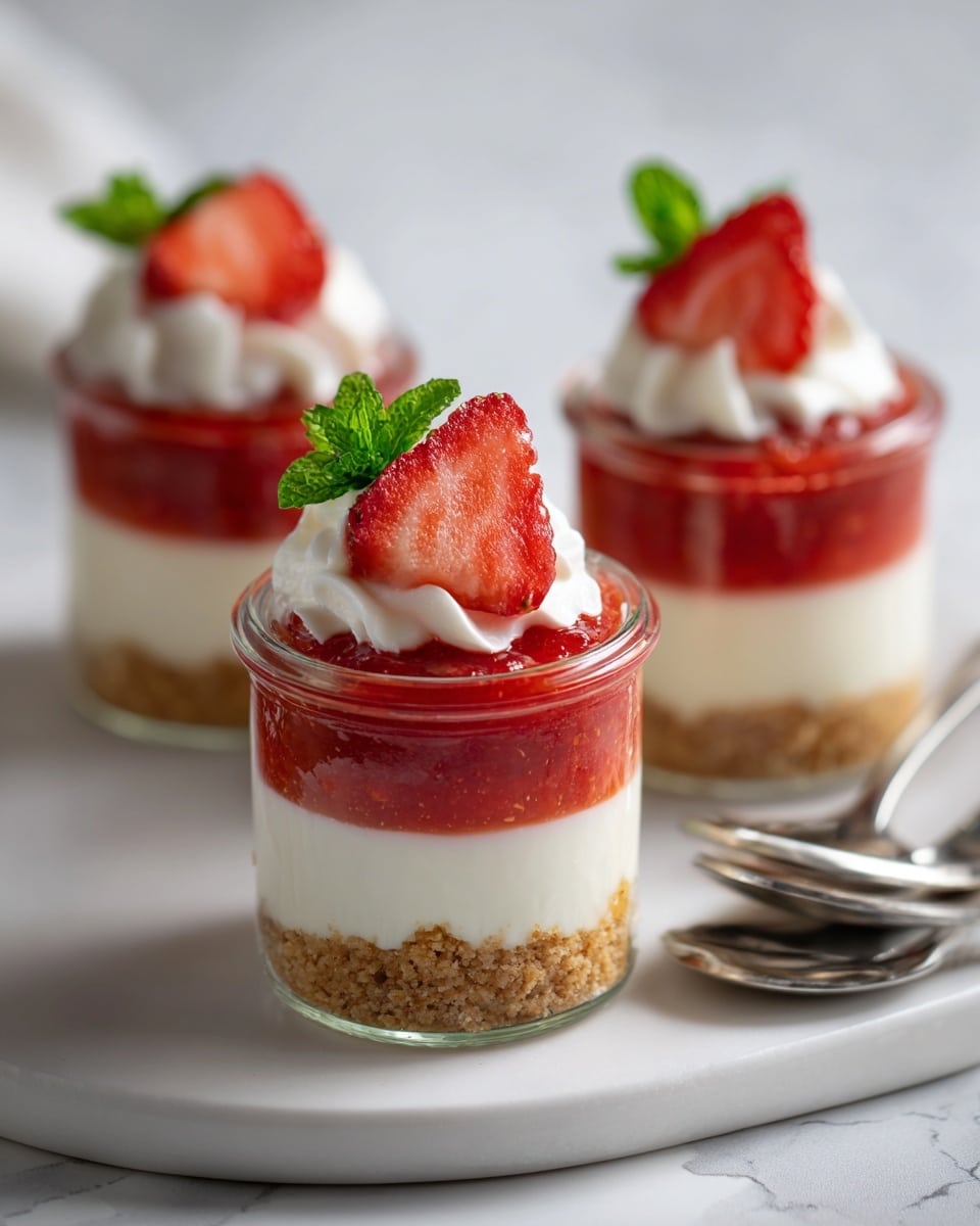 Three small glass jars each hold a three-layer dessert placed on a white plate with a white marbled texture background. The bottom layer is a light brown crumbly base, the middle layer is creamy white, and the top layer is a bright red strawberry sauce. Each jar is topped with a dollop of white cream, half a sliced strawberry, and a small green mint leaf. In the background, there are two silver spoons resting on the plate. The image is bright and softly focused on the front jar. photo taken with an iphone --ar 4:5 --v 7