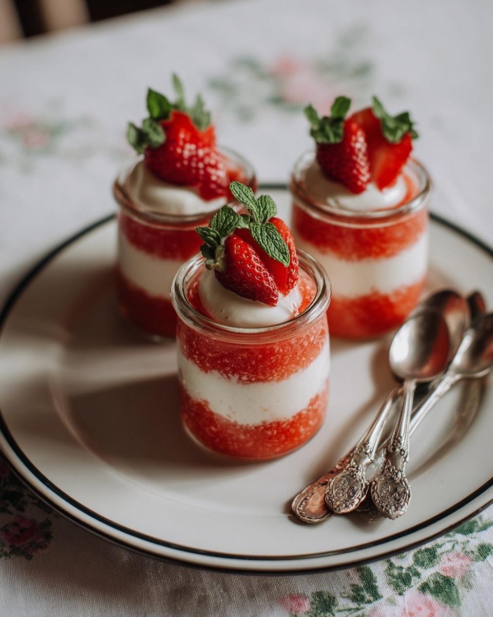 Three small clear glass jars are placed on a large white plate with a thin black rim. Each jar has three layers: the bottom layer is a bright red textured strawberry compote, the middle layer is a smooth white cream swirl, and the top layer is garnished with two halved fresh strawberries and small green mint leaves. Three vintage silver spoons with detailed handles rest next to the jars on the plate. The plate sits on a white tablecloth with a subtle floral pattern. photo taken with an iphone --ar 4:5 --v 7