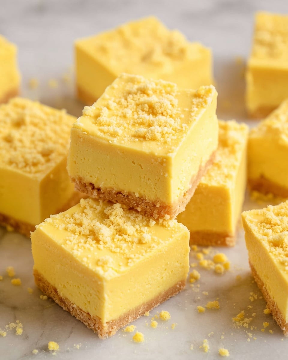 The image shows several pieces of a yellow dessert cut into square shapes, arranged on a white marbled surface. Each piece has two visible layers: a smooth, dense yellow base layer and a slightly crumbly yellow top layer sprinkled with fine crumbs that add texture. The squares are neatly cut, with some overlapping each other, creating a small stack in the middle. The overall look is soft and creamy, with a light crumb topping that adds a subtle contrast. Photo taken with an iphone --ar 4:5 --v 7