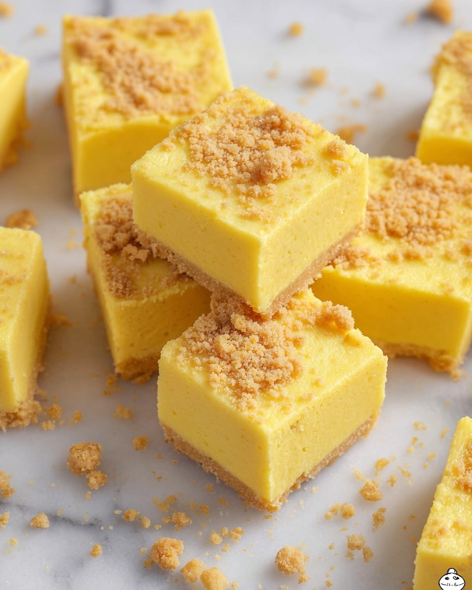 The image shows several square pieces of bright yellow fudge arranged on a white marbled surface. Each piece has two visible layers: a dense, smooth, and creamy yellow base layer topped with a thinner sprinkling of light brown crumbly bits, giving a textured look on top. The squares are neatly cut, and some small crumbs lie scattered around them, enhancing the fresh, homemade feel. photo taken with an iphone --ar 4:5 --v 7