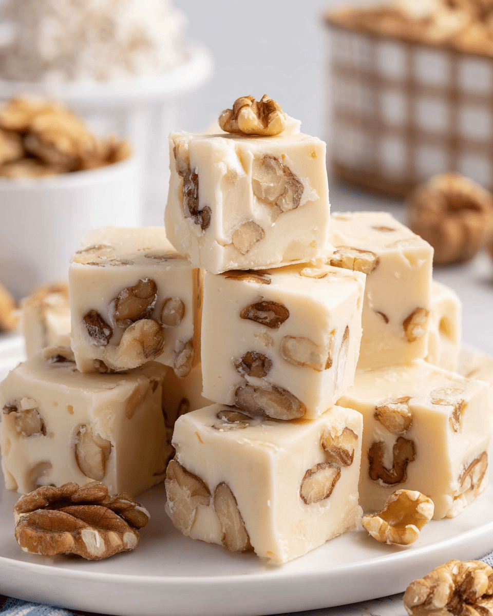 The image shows a white plate stacked with eight creamy white fudge cubes filled with light brown walnut pieces. Each cube has an uneven texture with large walnut chunks visible on all sides, giving a slightly rough surface. The fudge looks soft and smooth with small cracks around some walnuts, and a few walnut pieces are scattered on the white marbled surface around the plate. In the blurred background, there is a white bowl with lacey food and a white-checkered container filled with more walnuts. The photo taken with an iphone --ar 4:5 --v 7