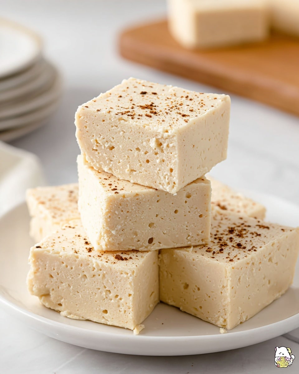 Four thick, square pieces of light beige fudge are stacked unevenly on a white plate. Each piece shows a soft, creamy texture with small air holes and a slightly crumbly edge. The top surfaces of the fudge pieces are sprinkled with fine brown specks of spice, adding contrast to the pale fudge. The plate sits on a white marbled surface, and in the blurred background, there is a hint of a wooden board and stacked white plates. photo taken with an iphone --ar 4:5 --v 7
