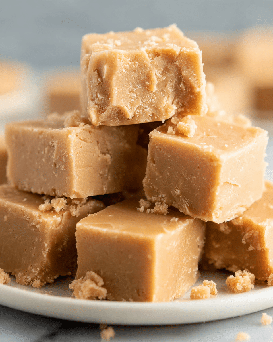 A close-up view of a stack of seven light brown fudge squares with a crumbly texture. The fudge pieces are thick and rectangular, with some small cracks and crumbs on their surfaces. Five pieces are placed on the bottom layer, two pieces are stacked on top in a pyramid shape. The fudge sits on a round white plate, all set against a white marbled background. Photo taken with an iphone --ar 4:5 --v 7