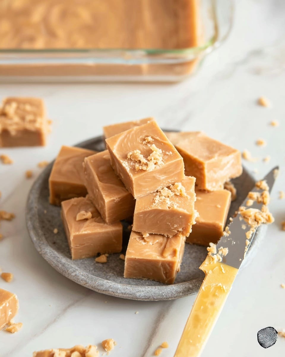 A round stone plate holds a stack of about ten square pieces of light brown fudge, each piece smooth with small crumbly bits on top and faint swirl patterns. To the right side of the plate is a silver knife with a light yellow handle resting on its edge, with some fudge crumbs stuck to the blade. In the upper left corner, part of a glass baking dish with more fudge squares is visible, sitting on a white marbled surface scattered with small fudge crumbs. photo taken with an iphone --ar 4:5 --v 7