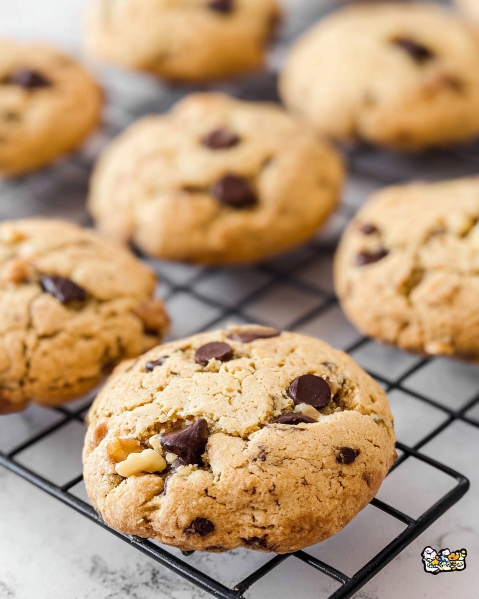 The image shows several round chocolate chip cookies cooling on a black wire rack placed over a white marbled surface. Each cookie has a golden-brown color with a slightly cracked texture and is embedded with unevenly scattered dark chocolate chips and small pieces of walnuts, giving a rough, chunky appearance. The cookies are thick and look soft, with the closest cookie in sharp focus and those behind it gradually blurred, creating depth. Photo taken with an iphone --ar 4:5 --v 7