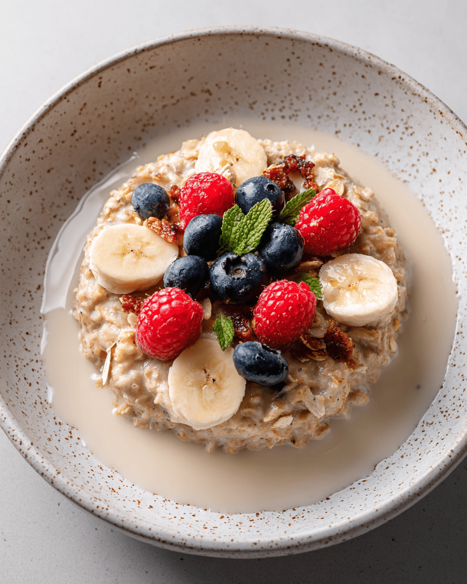 A thick round layer of light brown oatmeal is placed in the center of a white bowl with a speckled pattern. On top of the oatmeal, there are several slices of pale yellow banana, bright red raspberries, and small round dark blue blueberries, along with scattered oats and small green mint leaves. Around the oatmeal, a light cream-colored liquid pools at the bottom, adding moisture and shine. The texture of the oatmeal appears soft and slightly grainy, while the berries provide a fresh and plump contrast. photo taken with an iphone --ar 4:5 --v 7