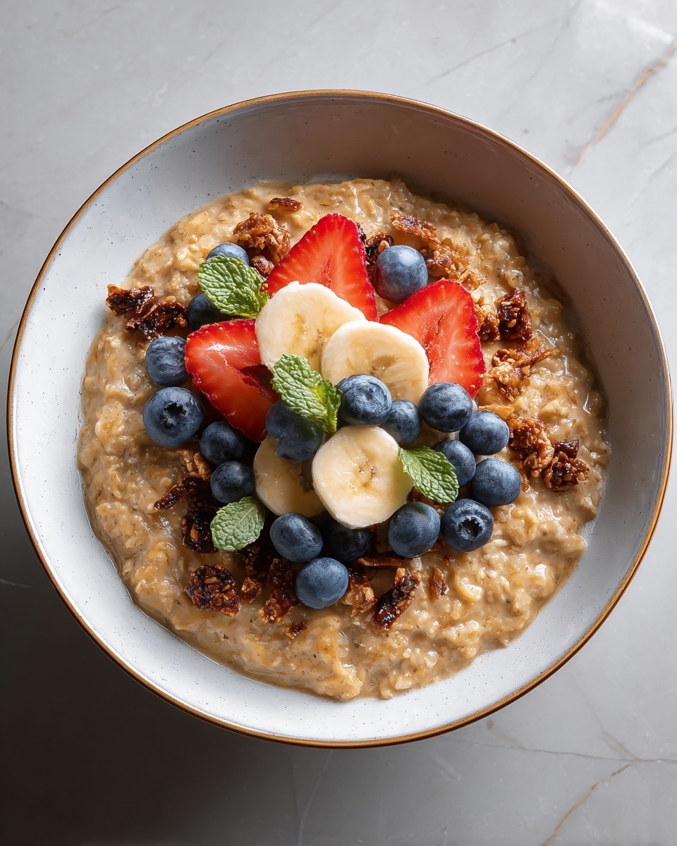 A bowl of creamy oatmeal fills most of the white bowl, showing a warm light brown color with a thick texture. Scattered on top are dark brown crunchy pieces, likely caramelized nuts or raisins, adding a textured look. In the center, there’s a colorful pile of fresh fruit slices: bright red strawberry pieces, pale yellow banana slices, and plump, blue blueberries, with small green mint leaves adding a fresh touch. The bowl sits on a white marbled surface, giving a clean and simple background. Photo taken with an iphone --ar 4:5 --v 7