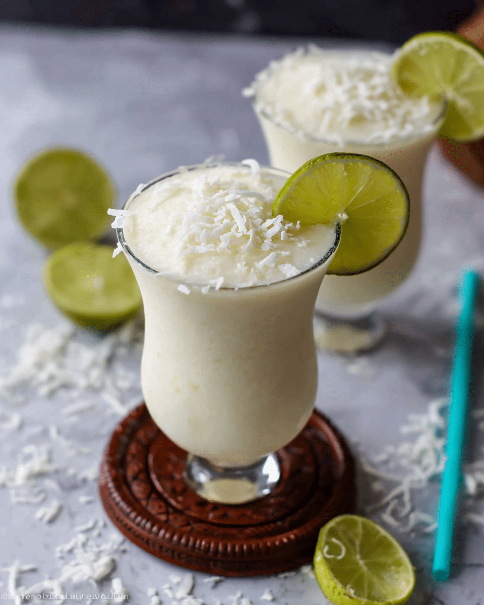 Two glasses filled with a creamy off-white drink are shown on a white marbled surface. Each glass has a thick layer of froth on top sprinkled with white coconut flakes. One glass is garnished with a bright green lime slice placed on the rim. The glasses are clear and slightly flared at the top. In the foreground, one glass sits on a round, dark wooden coaster with carved details, while the other is placed directly on the surface. Scattered around are shredded coconut pieces and another lime slice. A turquoise straw lies beside the glasses. The overall look is fresh and textured, with soft lighting emphasizing the creamy drinks. photo taken with an iphone --ar 4:5 --v 7