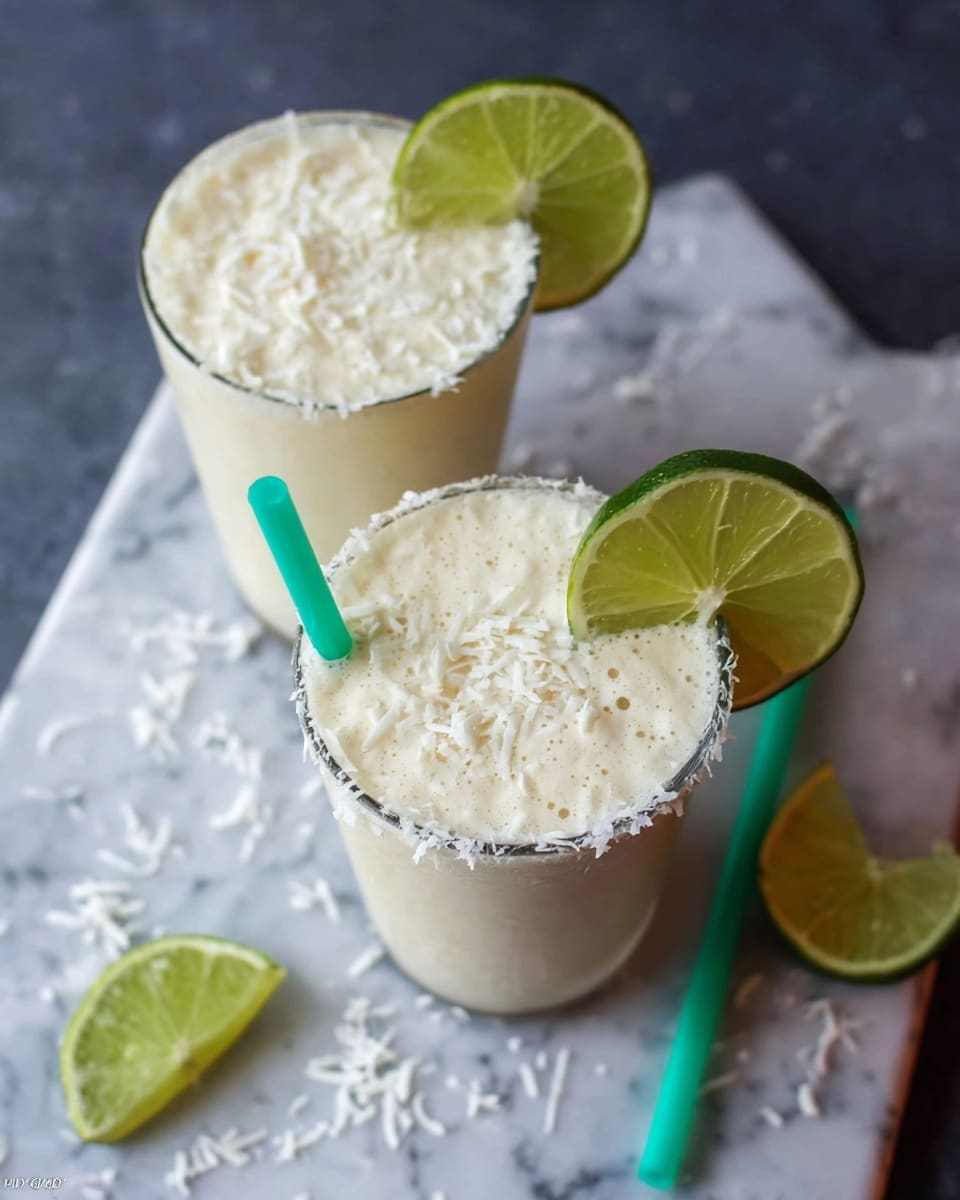 Two glasses filled with a creamy, frothy beige drink are placed on a white marbled surface. Each glass has a frothy top layer with small bubbles and some finely shredded white coconut around the rims. One glass is garnished with a bright green lime slice on the rim, and a teal straw is inserted into it. The second glass also has shredded white coconut on the rim and a teal straw lying next to it, with another lime slice placed on the surface nearby. Some shredded coconut pieces are scattered around the glasses. photo taken with an iphone --ar 4:5 --v 7