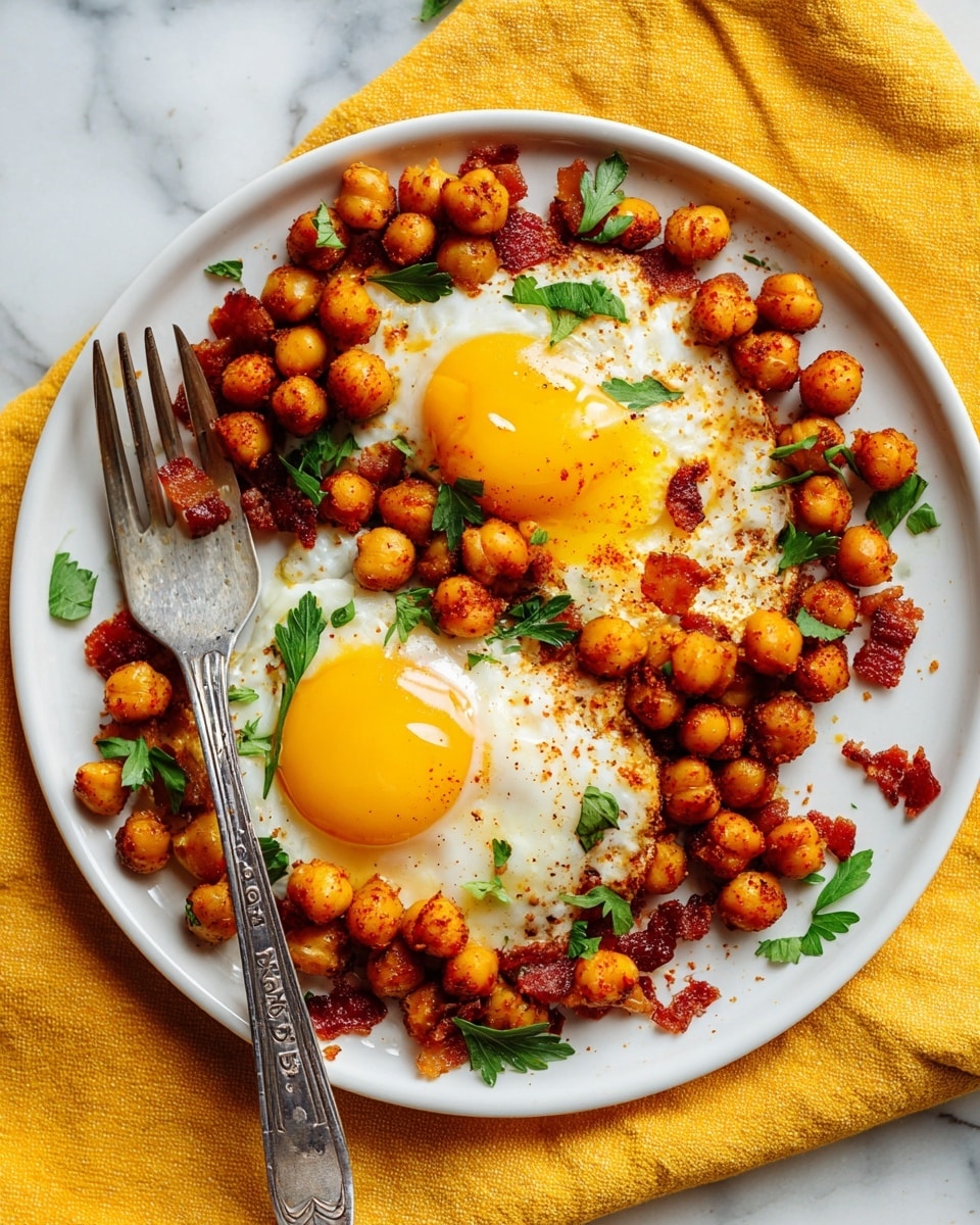 A white plate holds two fried eggs with bright yellow yolks and white edges slightly crispy. Around each egg is a thick layer of cooked chickpeas mixed with small bits of crispy reddish bacon. The chickpeas are golden brown with some darker roasted spots. Fresh green parsley leaves are sprinkled on top of the eggs and chickpeas. A silver fork with an engraved pattern rests on the left side of the plate. The plate sits on a yellow cloth over a white marbled surface. photo taken with an iphone --ar 4:5 --v 7
