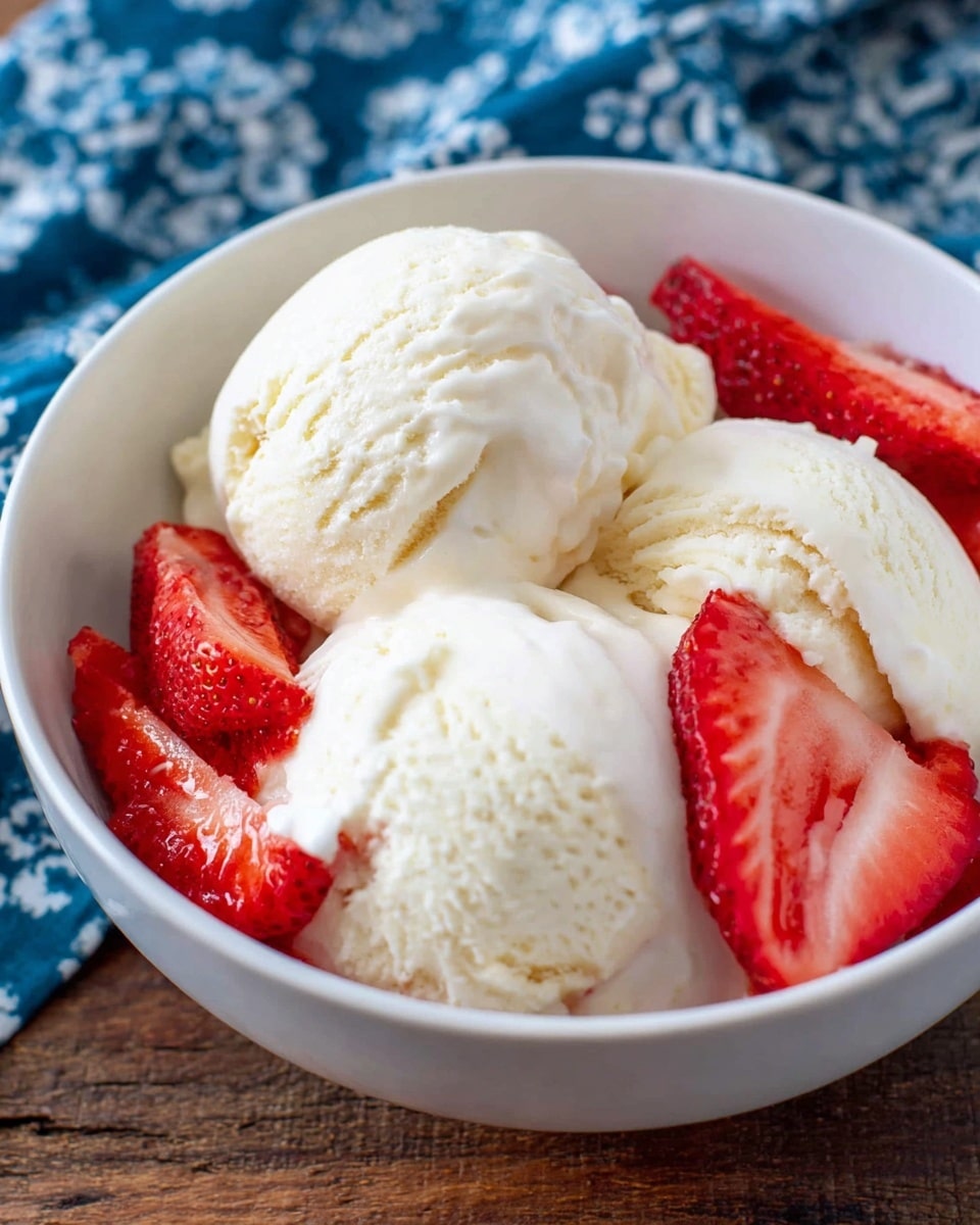 A white bowl filled with four scoops of smooth, creamy vanilla ice cream forming the base layer. Bright red sliced strawberries are placed around the ice cream, partially tucked in between the scoops, adding a fresh and juicy texture. The bowl sits on a wooden surface with a blue cloth with white patterns partially visible in the background. The overall look is fresh, cool, and inviting with soft shadows and highlights on the ice cream and strawberries. Photo taken with an iphone --ar 4:5 --v 7