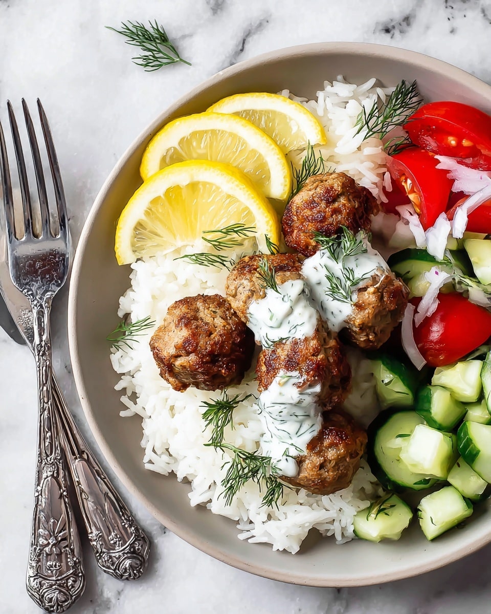 A white plate holds about fifteen cooked meatballs, golden brown with small bits of onion visible, arranged in a loose pile mostly on the right side of the plate. Bright green sprigs of fresh dill are placed both under and on top of the meatballs, adding a fresh color contrast. On the left side, there is a small round bowl filled with white creamy sauce that has a smooth texture, drizzled lightly with yellow olive oil and garnished with more dill on top. The plate sits on a white marbled textured surface. Photo taken with an iphone --ar 4:5 --v 7