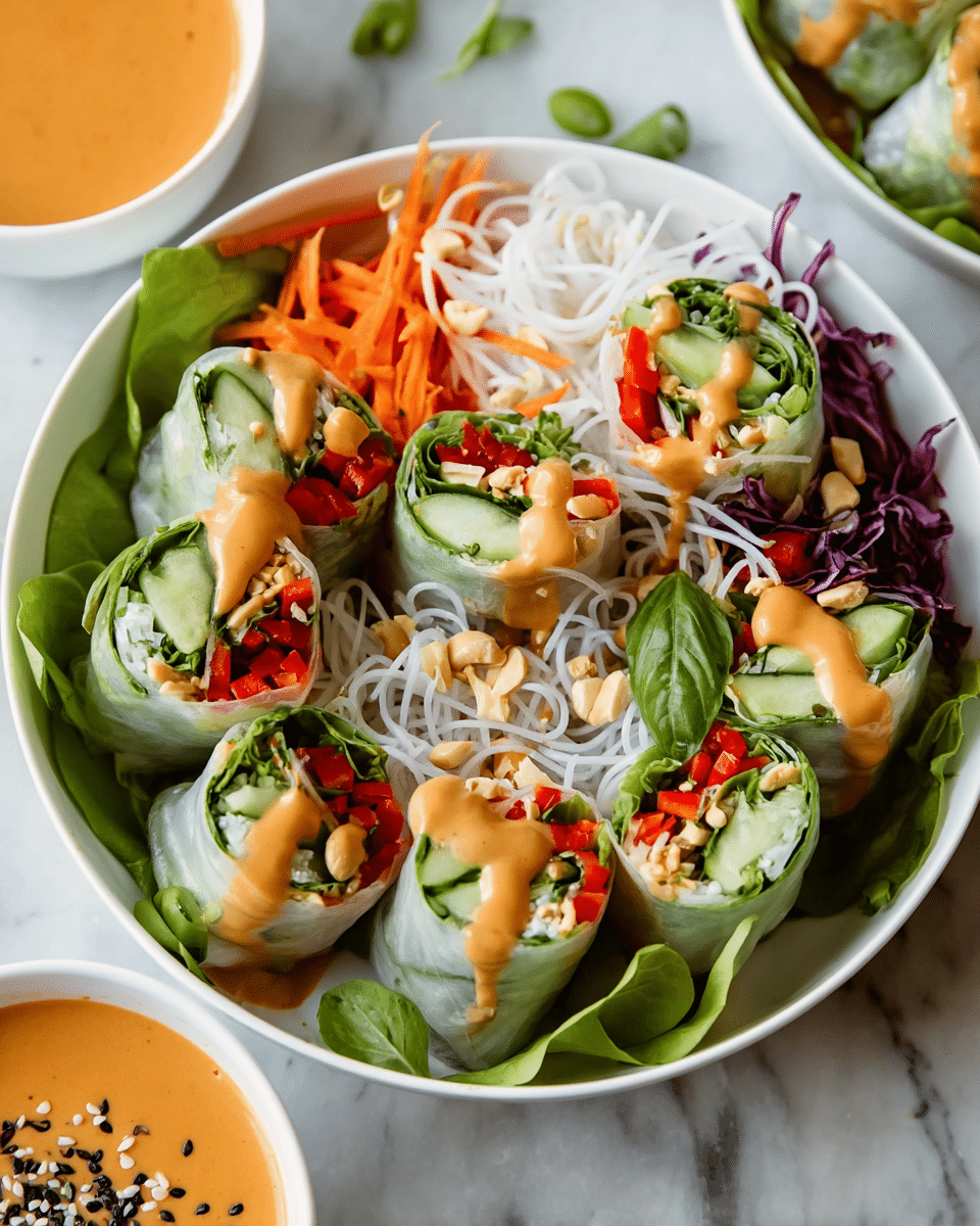 A white bowl filled with fresh vegetable spring rolls, each roll wrapped in translucent rice paper showing green cucumber slices, red bell pepper, and leafy greens inside, arranged on a bed of light green lettuce. Around the rolls are bright orange shredded carrots, light tan peanuts, sliced green jalapeños, thin white rice noodles, and small bits of purple cabbage. The dish is topped with a smooth, orange peanut sauce drizzled lightly over the rolls and vegetables. The bowl sits on a white marbled surface with a small cup of the same orange sauce nearby, sprinkled with black and white sesame seeds. photo taken with an iphone --ar 4:5 --v 7