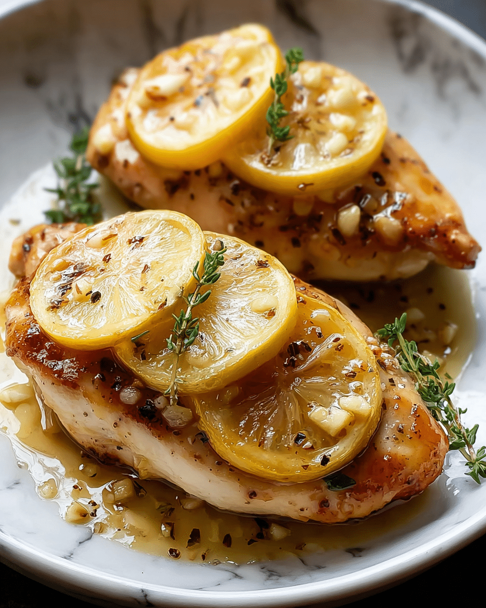 The image shows two cooked chicken breasts on a white plate, each topped with two thin slices of golden-brown grilled lemon, layered evenly, with a small green sprig of thyme placed on top. The chicken has a shiny, glazed texture with visible bits of chopped garlic and a light sprinkling of black pepper. The surface beneath the chicken and lemon slices glistens with a light sauce or oil, giving a moist appearance. The background is a white marbled texture. photo taken with an iphone --ar 4:5 --v 7