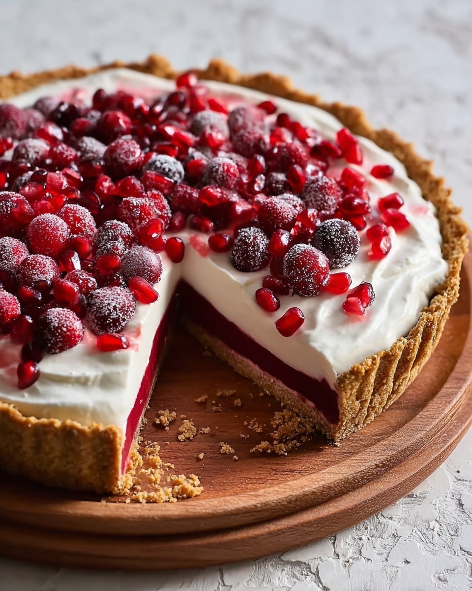 A tart with three layers sits on a round wooden board over a white marbled texture. The bottom layer is a thick, crumbly golden-brown crust with a rugged edge. The middle layer is smooth and deep red, filling the crust evenly. On top, there is a thick, creamy white layer of whipped topping spread in soft peaks. The tart is covered with a generous pile of frosted red cranberries and bright red pomegranate seeds. One slice of the tart is cut and slightly pulled out, showing all the layers clearly. Photo taken with an iphone --ar 4:5 --v 7