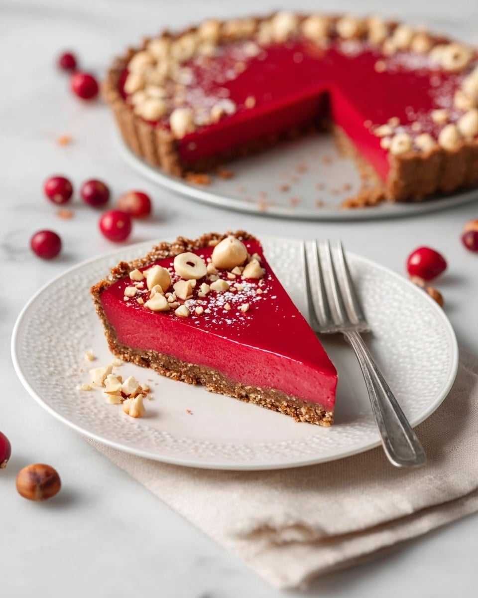 A slice of bright red tart with two visible layers sits on a white plate with a delicate patterned rim; the bottom layer is a thin, crumbly brown crust, the thicker top layer is smooth and glossy in vivid red, topped with whole and chopped light brown hazelnuts and a light dusting of white powder. Behind it, the remaining tart on a round pan shows the same two layers and is decorated with more hazelnuts on top. Scattered around are whole hazelnuts and red berries on a white marbled surface. A silver fork rests on a light beige cloth napkin to the right of the plate. photo taken with an iphone --ar 4:5 --v 7
