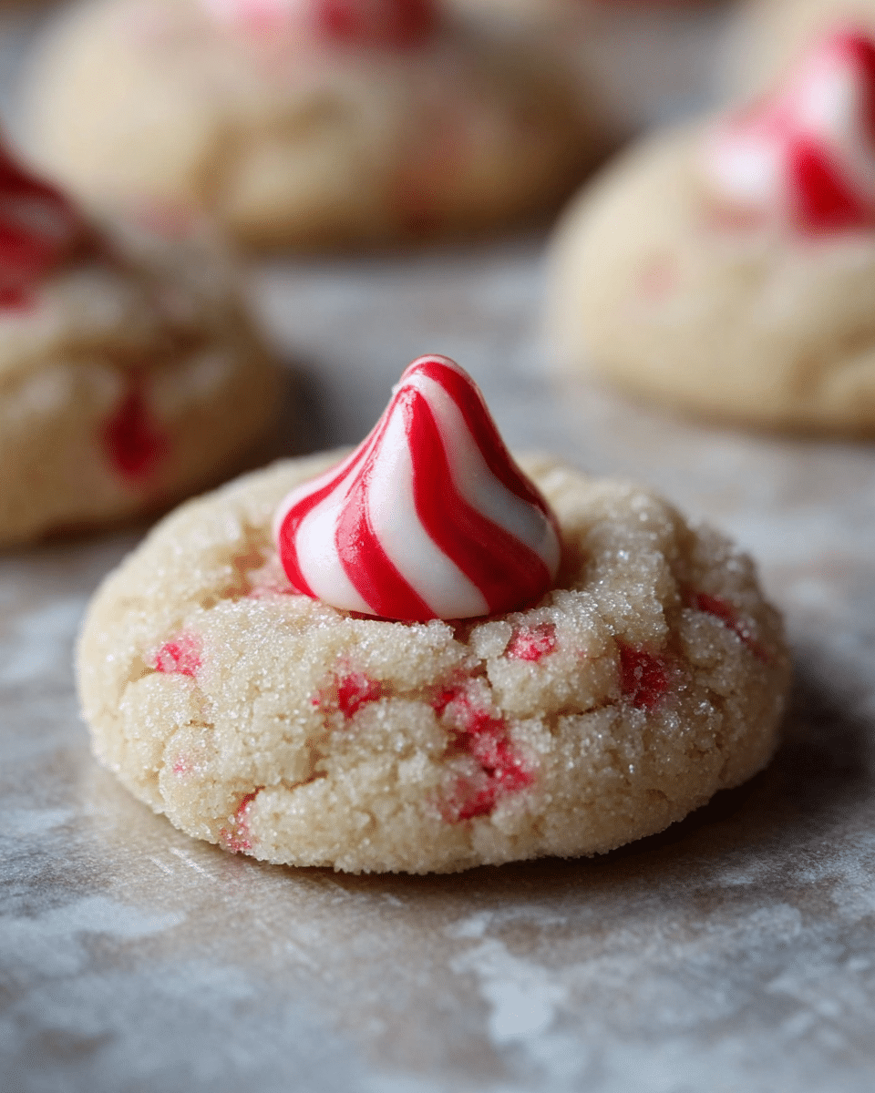 A close-up image of a single round cookie with a rough, sugar-coated pale beige dough base that has small red bits mixed in, slightly cracked on the side. On top of the cookie, there is a peppermint candy piece shaped like a kiss with white and red swirls, sitting firmly in a shallow indentation in the dough. The cookie rests on a baking sheet with a textured surface, and blurred similar cookies are in the background on a white marbled texture. photo taken with an iphone --ar 4:5 --v 7