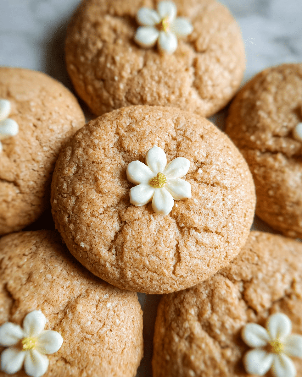 A close-up view of several light brown cookies with a rough, slightly cracked texture, each topped with a small white flower decoration with five petals and a yellow center positioned in the middle of the cookie. The cookies are placed on a flat surface with a white marbled texture, overlapping slightly, giving a cozy and inviting look. photo taken with an iphone --ar 4:5 --v 7