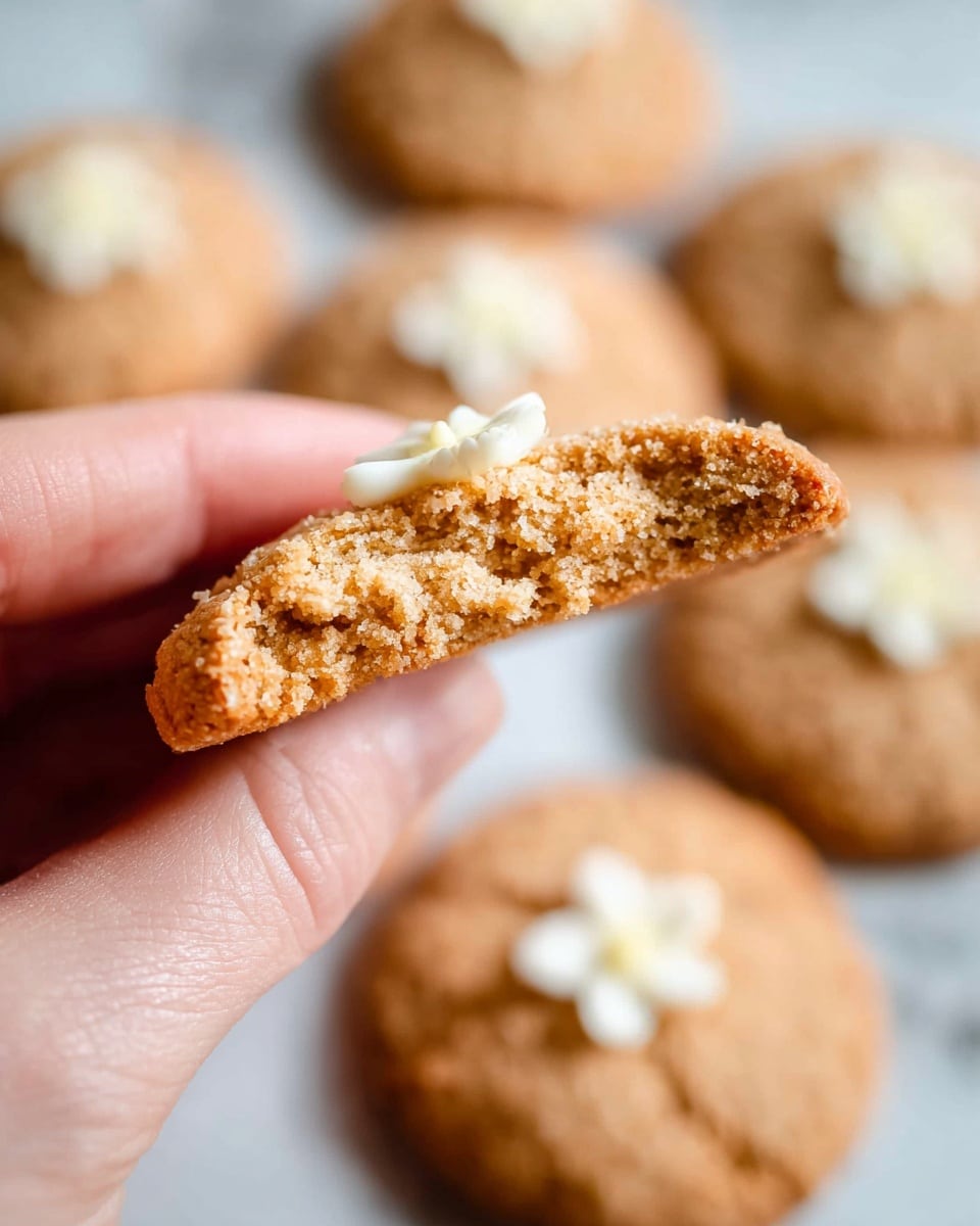 A close-up view of a broken cookie held by a woman's hand, showing the crumbly texture inside that is light brown and slightly grainy, with a golden crust edge; in the background, there are whole round cookies with a smooth, light brown surface, each topped with a small white flower-like decoration, all placed on a white marbled texture. photo taken with an iphone --ar 4:5 --v 7