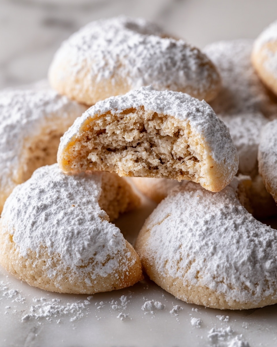 The image shows many crescent-shaped cookies with a light golden-brown color, covered with a thick layer of white powdered sugar that adds a soft, powdery texture. One cookie is broken in half and placed on top of the others, showing a dense, crumbly, and slightly grainy inner texture in a pale beige color. The cookies fill the frame, resting on a surface with a white marbled texture that is softly blurred in the background. Photo taken with an iphone --ar 4:5 --v 7
