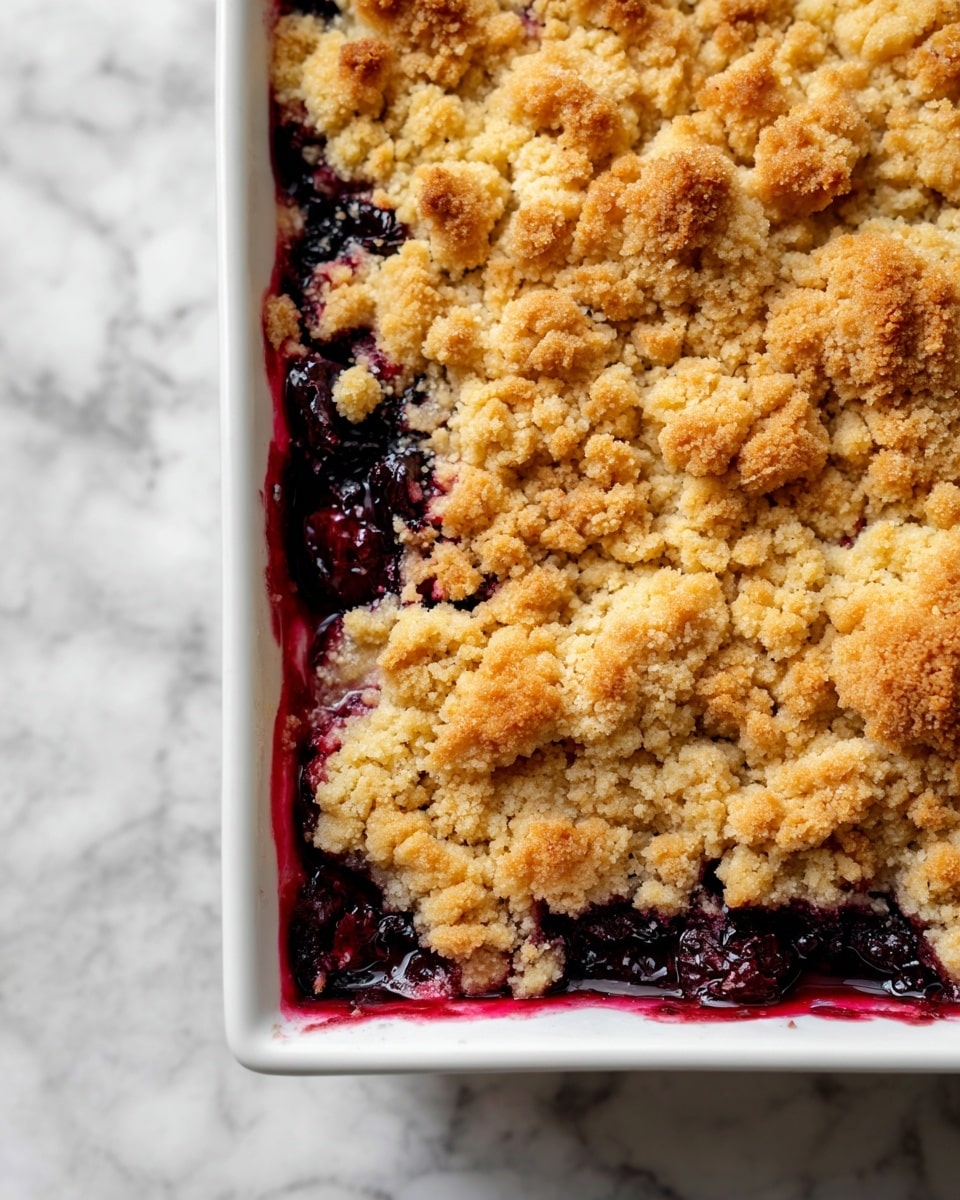 The image shows a close-up of a baked dessert in a white square baking dish with a crumbled top layer. The top layer is golden brown with a crumbly, uneven texture and some darker brown spots, indicating crispiness. Beneath the crumb topping, visible in spots, is a dark, rich purple layer of fruit filling, likely berry, which peeks through the cracks and edges. The dish is set against a white marbled background. photo taken with an iphone --ar 4:5 --v 7
