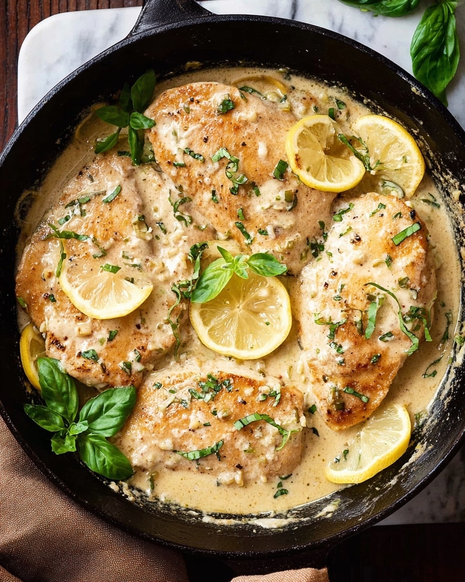 The image shows a black cast iron pan filled with four thick, creamy chicken breasts partially submerged in a light beige sauce with a smooth texture. The chicken breasts are a light golden color with some browned spots and are sprinkled with finely chopped green herbs. Thin yellow lemon slices are placed around the chicken, adding small pops of color. Fresh green basil leaves are scattered on top, giving a fresh look. The pan sits on a surface covered with a white marbled texture, and part of a brown cloth is seen beside the pan. photo taken with an iphone --ar 4:5 --v 7