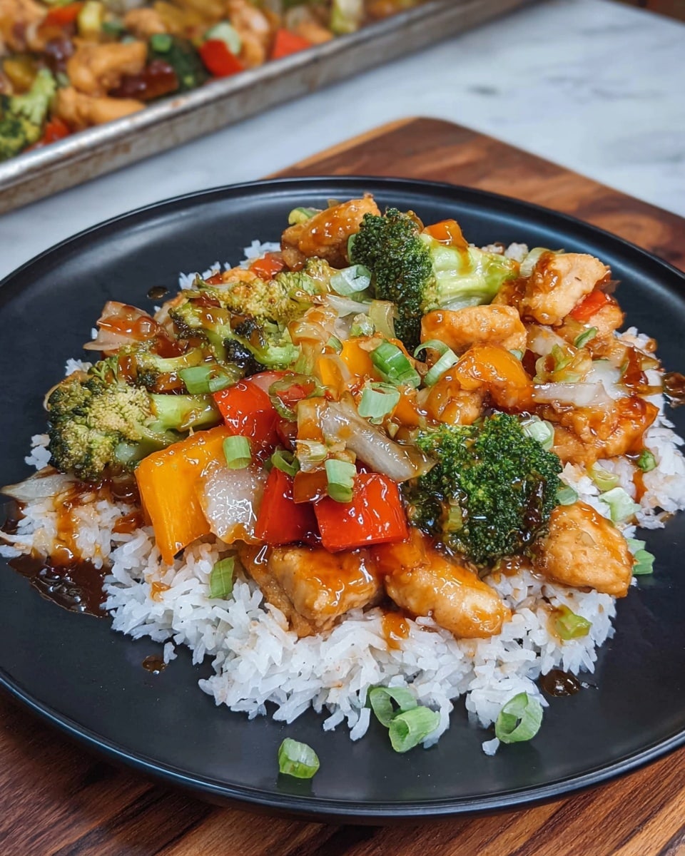 A white plate holds a bed of white rice as the base layer, topped with a colorful mix of cooked vegetables and chicken pieces. The vegetables include green broccoli florets, yellow and red bell pepper chunks, and translucent sautéed onion pieces, all mixed with small bites of light brown cooked chicken. The dish is finished with a drizzle of dark brown sauce over the top and sprinkled with chopped green onions. The background shows a white marbled texture under a tray filled with the same vegetable and chicken mixture. Photo taken with an iphone --ar 4:5 --v 7