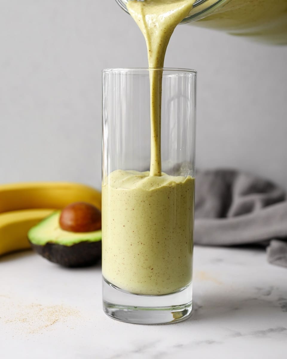 A clear tall glass is being filled with a thick, creamy smoothie that is light greenish-yellow with small brown specks, pouring down from above into a layer of the same smoothie already at the bottom of the glass. To the left, a halved avocado showing its green flesh and brown seed, and a yellow banana are slightly out of focus. The glass sits on a white marbled surface with a soft gray fabric blurred in the background. photo taken with an iphone --ar 4:5 --v 7