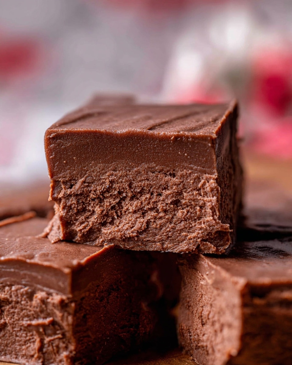 A close-up view of a thick, square piece of chocolate fudge sitting on top of other similar pieces. The fudge has a smooth, glossy dark brown top layer with a slightly cracked, crumbly texture on the sides, showing a dense and rich interior. The layers appear uniform in color but vary slightly in texture from smooth to grainy, stacked neatly with sharp edges. The background features a soft, out-of-focus white marbled texture with hints of red and pink tones. Photo taken with an iphone --ar 4:5 --v 7