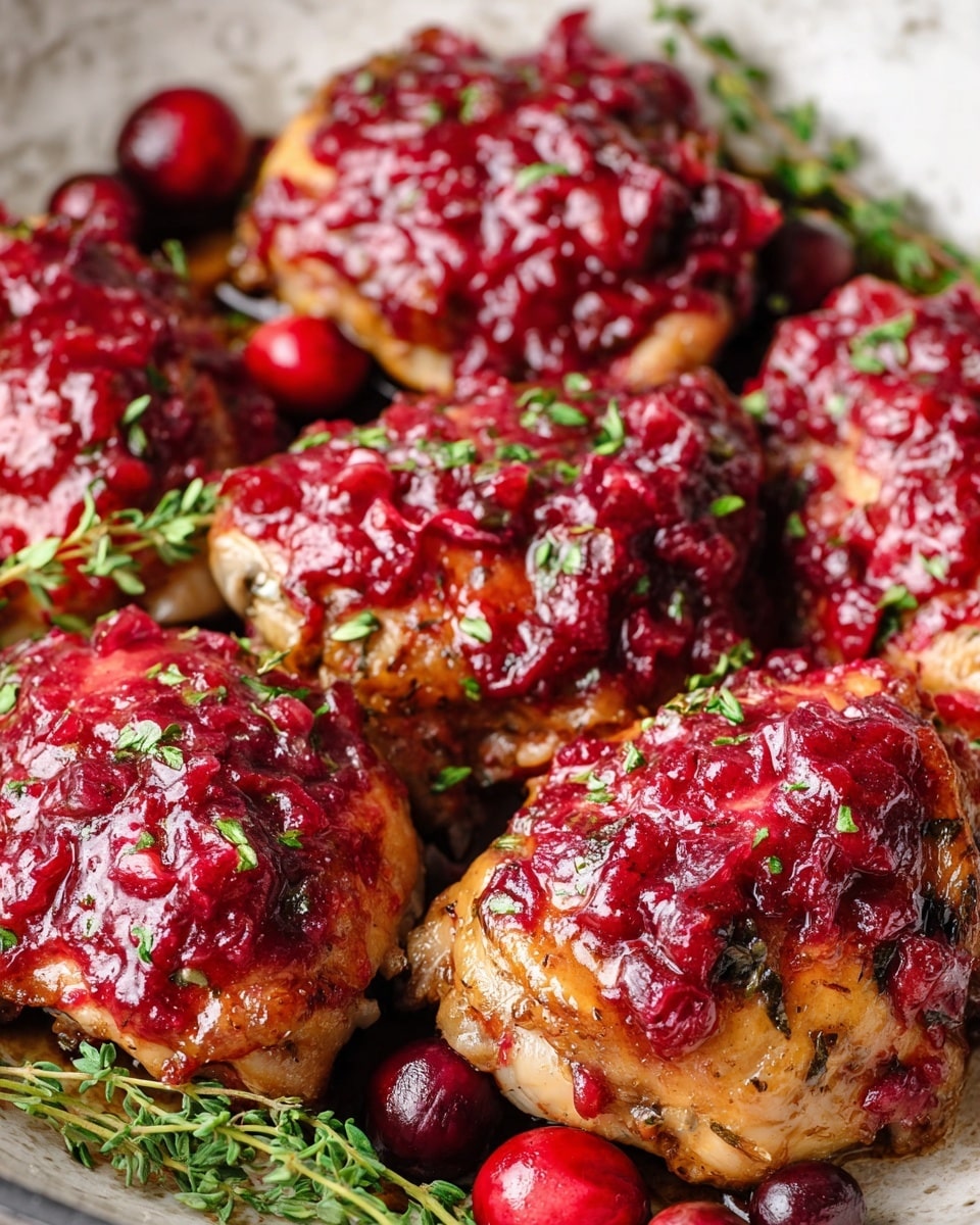 The image shows five pieces of cooked chicken thighs with a reddish-pink chunky cranberry sauce spread richly over the top layer of each piece. The chicken skin is golden brown and slightly crisp beneath the sauce. Whole cranberries and fresh green herb leaves, possibly thyme or parsley, are scattered around and on top of the chicken, adding contrast with the vibrant red and green colors. The dish is set on a white marbled textured background. photo taken with an iphone --ar 4:5 --v 7