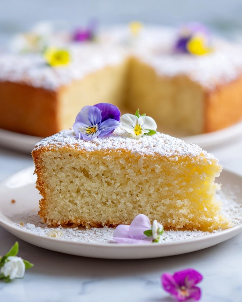 A round single-layer cake with a light brown color is dusted evenly with white powdered sugar on top. Small purple, white, and yellow edible flowers are scattered over the surface, adding a touch of color and decoration. The cake is placed on a simple white plate, and the setting includes a second white plate with a spoon and fork resting on it, all on a white marbled texture surface. There is a light, cream-colored textured cloth nearby and a small bunch of tiny yellow and green flowers at the corner, offering a natural and delicate feel. Photo taken with an iphone --ar 4:5 --v 7