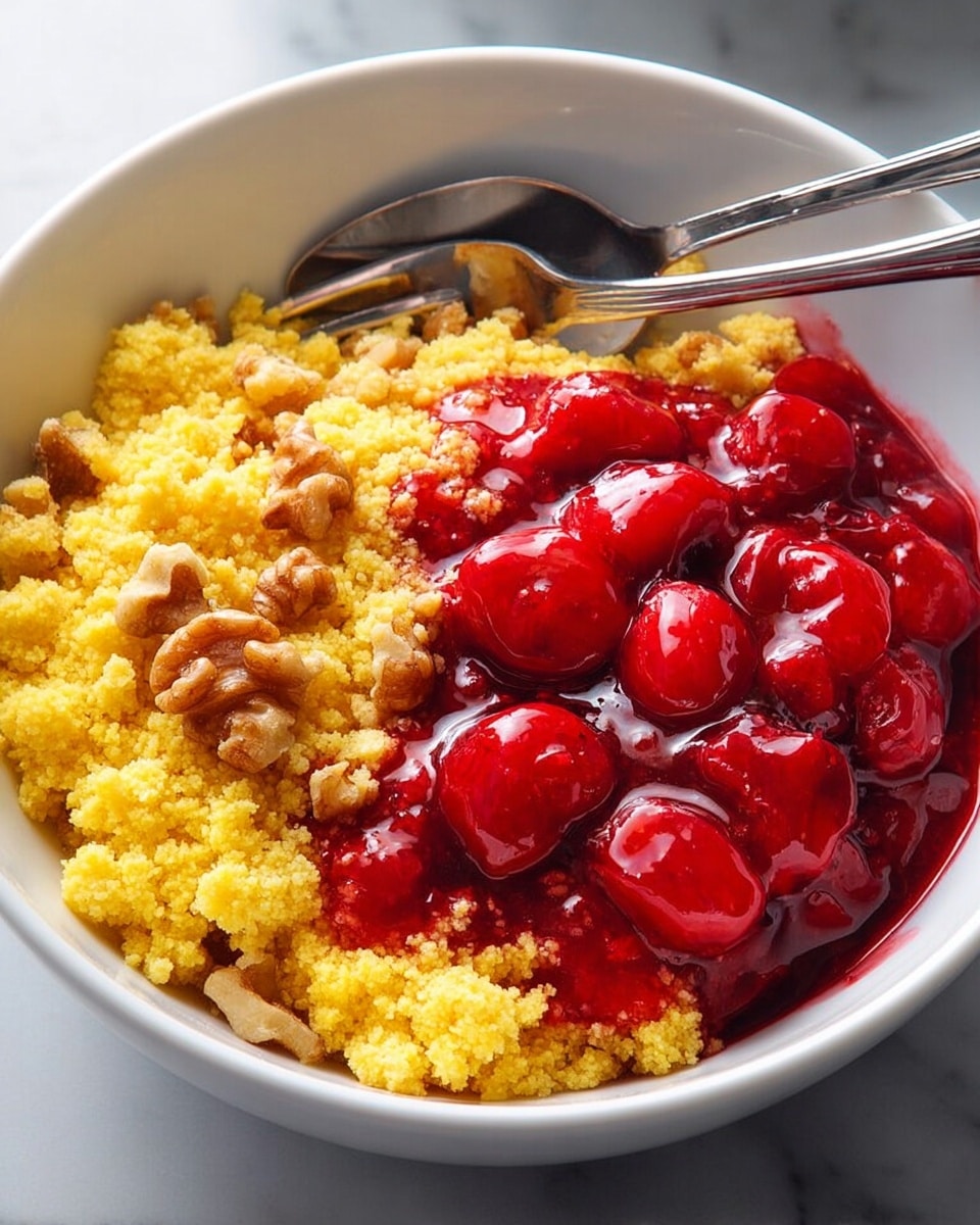This image shows a white bowl filled with two main layers of food on a white marbled surface. The left side has a crumbly, rough-textured yellow layer mixed with some small walnut pieces, giving a nutty detail and crunchy feel. The right side is covered with a shiny, bright red layer made of glossy cherry pieces in syrup, appearing wet and smooth. A spoon is partially inside the bowl on the right side, resting close to the red layer, and a fork is leaning on the left side. The mix of crumbly yellow and glossy red creates a strong color contrast. photo taken with an iphone --ar 4:5 --v 7
