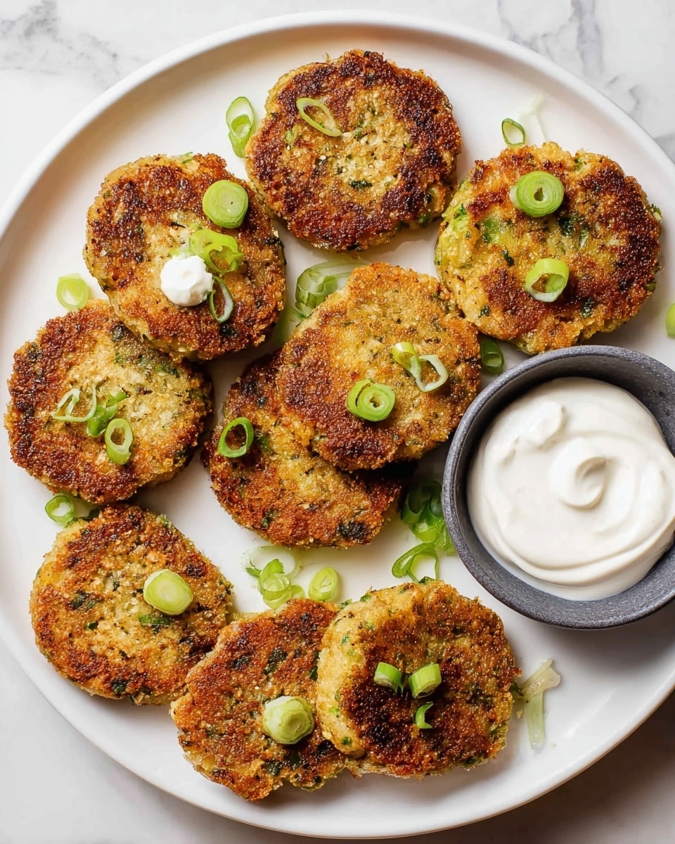 A white plate sits on a white marbled surface holding eight golden-brown, crispy patties arranged in a loose circle. Each patty has a rough texture with visible bits of green herbs or scallions mixed throughout. Thin slices of fresh green scallions are scattered on and around the patties, adding a pop of bright green color. To the side on the plate is a small dark gray bowl filled with smooth, creamy white sour cream or dip, contrasting with the textured patties. photo taken with an iphone --ar 4:5 --v 7