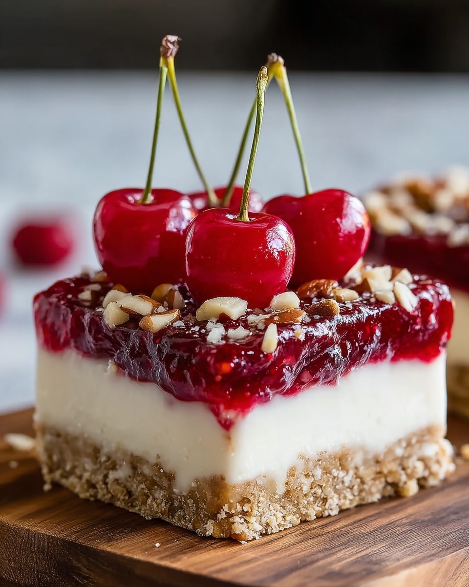 A square dessert bar with three clear layers is shown close up. The bottom layer is crumbly and light brown, looking like a nutty or graham cracker crust. The middle layer is thick, smooth, and creamy white, acting as a soft filling. The top layer is a shiny, deep red fruit glaze with a slightly chunky texture, covered with small pieces of chopped nuts. On top, there are three bright red cherries with green stems standing upright. The dessert sits on a wooden surface with a blurred white marbled texture background. Photo taken with an iphone --ar 4:5 --v 7