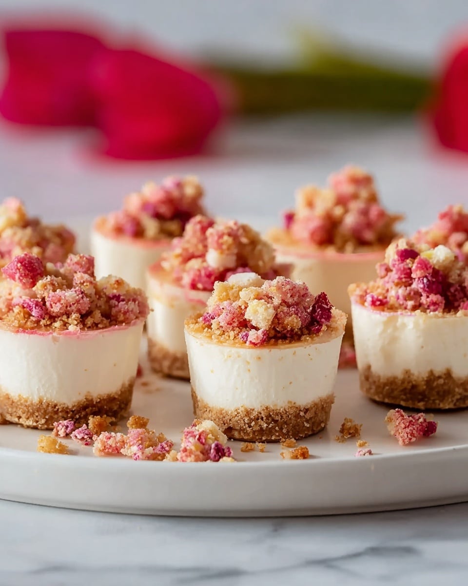 The image shows seven small, bite-sized cheesecakes arranged on a white plate, each with three distinct layers. The bottom layer is a crumbly, light brown crust, the middle layer is a smooth, creamy white cheesecake filling, and the top layer is a crumbly pink and beige topping with small chunks scattered on and around the cakes. The background features a soft focus on red and green blurred shapes, and the surface below is a white marbled texture. photo taken with an iphone --ar 4:5 --v 7