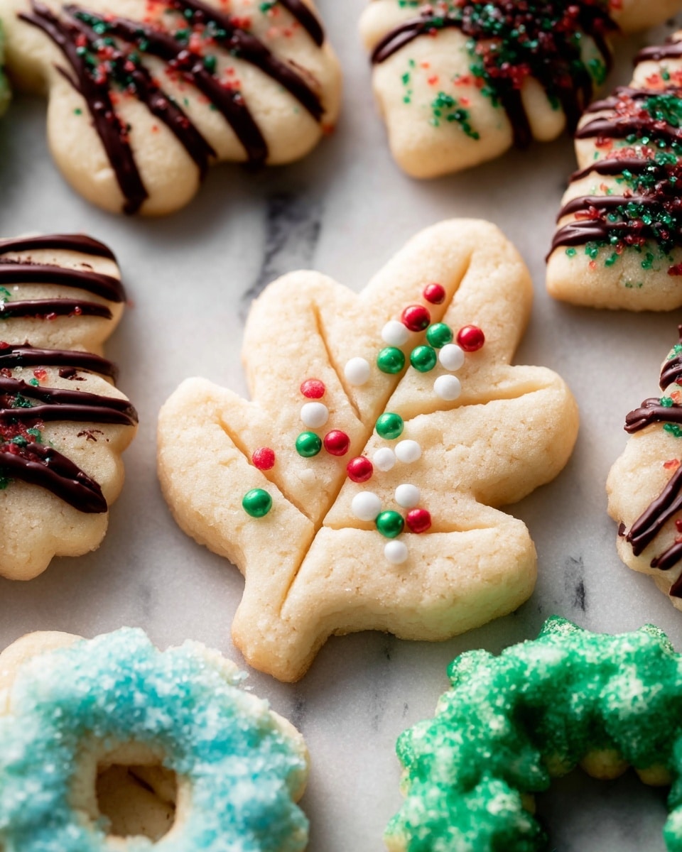 The image shows several shortbread cookies in festive shapes, arranged on a white marbled surface. The cookies have different designs: one large leaf-shaped cookie in the center is pale beige with small red, green, and white round sprinkles in the middle. Surrounding it are other cookies, some decorated with dark chocolate stripes and red, green, and white sprinkles, and one green wreath-shaped cookie with green sugar and red round sprinkles. One cookie has light blue sugar sprinkles on top. The cookies have soft, textured edges and are arranged close together, creating a cozy holiday feel. Photo taken with an iphone --ar 4:5 --v 7