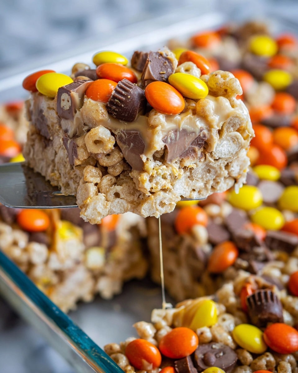 A close-up of a gooey, thick cereal treat bar being lifted with a metal spatula. The bar has three main layers: a base layer of light beige cereal pieces, a middle sticky marshmallow binding layer that looks melted and stringy, and a top layer covered with round candy-coated chocolates in bright orange, yellow, and brown colors, along with small pieces of chocolate peanut butter cups. The treat is held in a clear glass dish, and the background is a white marbled texture. Photo taken with an iphone --ar 4:5 --v 7