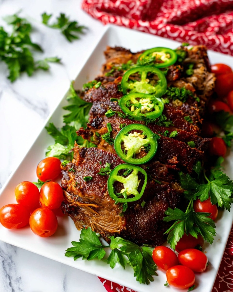 A white rectangular plate holds a thick piece of cooked meat with a dark brown, crispy outer layer. The meat is topped with several bright green jalapeño slices showing seeds and a fresh texture. Around the meat, fresh, flat green parsley leaves are spread, adding a vibrant contrast. Small clusters of shiny red cherry tomatoes on the vine sit near the edges of the plate. The plate rests on a white marbled surface with a red patterned cloth partially visible. Photo taken with an iphone --ar 4:5 --v 7
