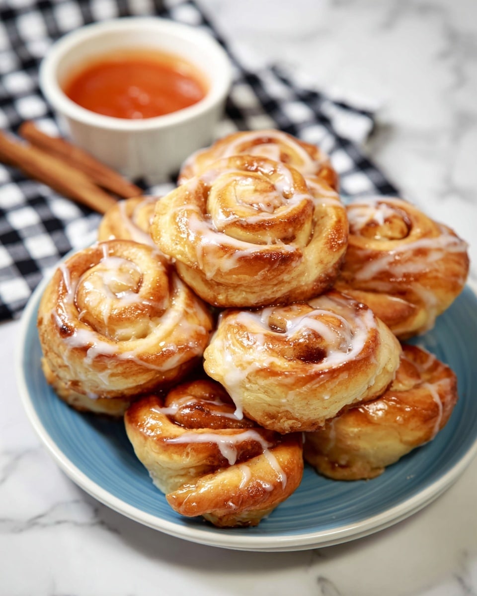 A light blue plate is full of golden brown cinnamon rolls arranged in a small stack. Each roll has a glossy, slightly sticky glaze shining on the twisted, layered dough that forms simple spiral patterns. The rolls have browned edges with a soft and fluffy texture visible between swirls. Behind the plate, there are two cinnamon sticks crossed and a white square dish of red sauce placed on a white marbled surface covered partly by a black and white checkered cloth. photo taken with an iphone --ar 4:5 --v 7