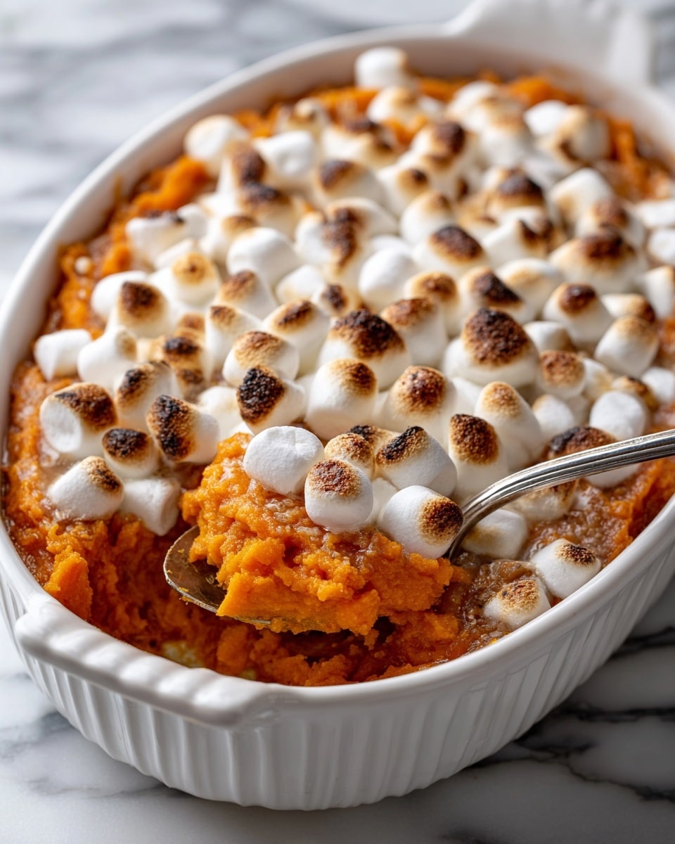 The dish is a baked sweet potato casserole in a white oval baking dish. The bottom layer is mashed bright orange sweet potatoes with a soft and creamy texture. On top, there is a thick layer of small white marshmallows, toasted to a golden brown on the tops, showing a slightly crispy texture with some darker spots. A silver spoon is partially inside the dish, scooping a portion of the sweet potato layer. The casserole is set on a surface with a white marbled texture. photo taken with an iphone --ar 4:5 --v 7