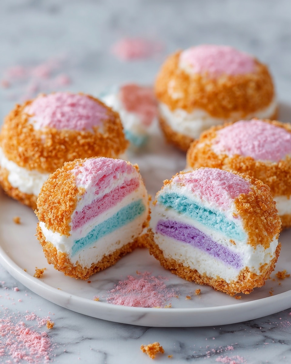 The image shows several round cream-filled desserts with a crunchy golden-brown outer layer. Inside, each dessert has three visible layers of soft cream: the bottom layer is white, the middle layer is pink, and the top layer is light blue with a bit of purple tint in between, all layered smoothly. The desserts are placed on a white plate with some pink powder crumbs scattered around. The background is a white marbled texture. Photo taken with an iphone --ar 4:5 --v 7