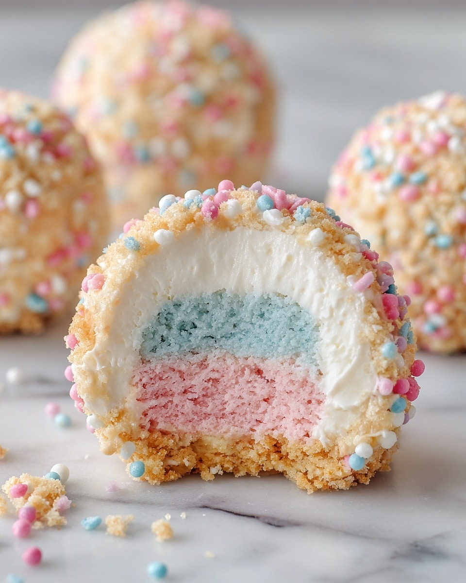 The image shows a close-up of a round dessert ball cut in half to reveal three soft layers inside: the top layer is light pink, the middle is pastel blue, and the bottom is light pink again, all with a fluffy texture. These layers are surrounded by a thick layer of smooth white cream. The outside layer is a golden crumbly coating with tiny pastel pink, blue, and white sprinkles unevenly covering the surface, making it look slightly rough. In the background, there are whole balls with the same crumbly and sprinkle-coated exterior, all placed on a white marbled surface. Photo taken with an iphone --ar 4:5 --v 7