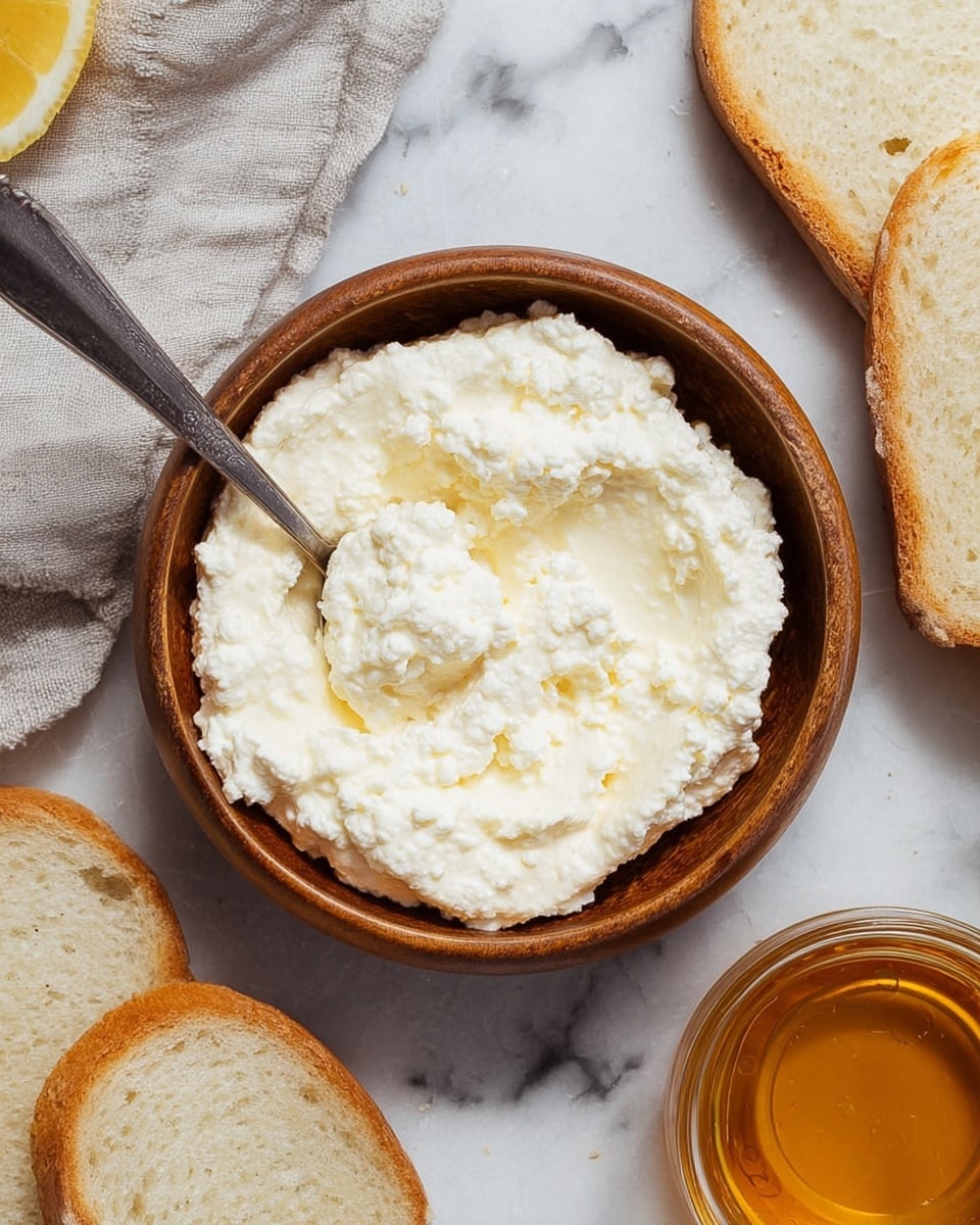 A wooden bowl filled with a creamy, fluffy white mixture that looks like cottage cheese or ricotta, with a silver spoon resting inside, partially submerged in the soft textured mixture. Around the bowl are slices of light beige bread with a soft crumb, and a small glass bowl with amber honey visible at the bottom right corner. The scene is set on a white marbled surface with a slightly crumpled grey linen cloth on the left edge and a slice of lemon partly visible at the top left. Photo taken with an iphone --ar 4:5 --v 7