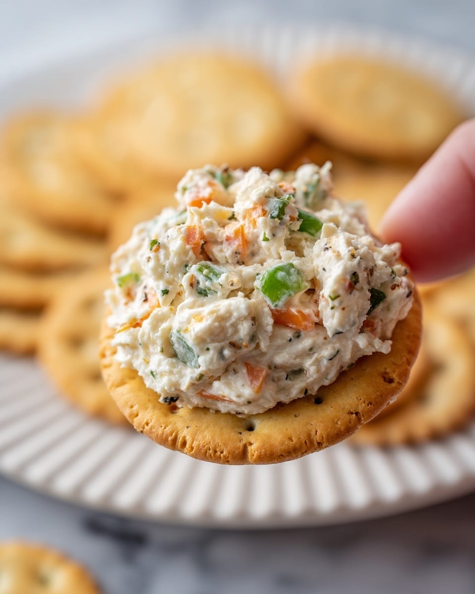 A close-up image of a round golden cracker held by a woman's hand, topped with a thick, creamy white spread mixed with small green and orange vegetable pieces, showing a soft, textured look. In the blurred background, there are more golden crackers stacked on a white plate with subtle ridges, all placed on a white marbled surface. The focus is sharp on the cracker and spread, highlighting the contrast between the smooth cream, crunchy cracker, and vegetable bits. Photo taken with an iphone --ar 4:5 --v 7
