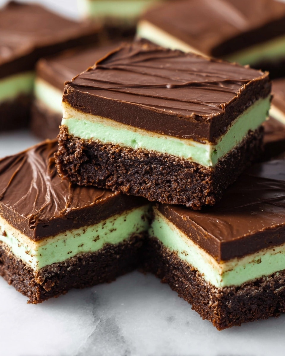 The image shows a stack of six layered dessert bars, each square-shaped with clear layers. The bottom layer is dark brown and looks like a dense, slightly crumbly brownie base. Above it is a thin mint-green layer with a smooth and creamy texture. The top layer is a thick, rich chocolate ganache, dark brown in color, with a glossy and smooth surface showing light swirl marks. The bars are placed closely together on a white marbled texture, displaying clean, sharp edges that highlight each layer distinctly. photo taken with an iphone --ar 4:5 --v 7