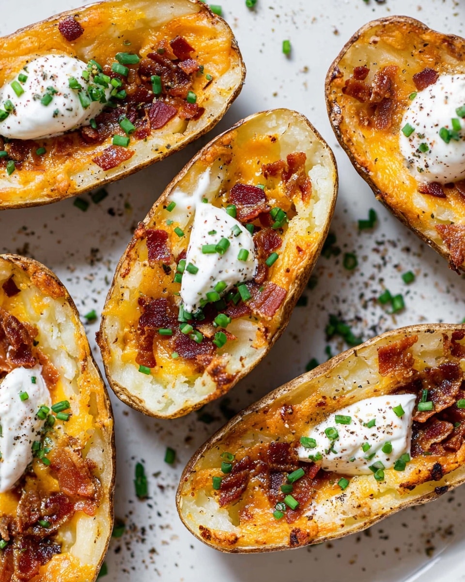 The image shows five potato skins cut in half, each with three visible layers: a light brown crispy outer skin, a middle layer of melted golden-orange cheese mixed with browned crispy bits of bacon, and a top layer of white sour cream dollop sprinkled with small chopped green chives and black pepper. The potato skins are placed on a white plate with a white marbled texture background, scattered with small green chives and black pepper flakes. The texture of the cheese looks smooth and melted, while the bacon adds a crumbly contrast. photo taken with an iphone --ar 4:5 --v 7
