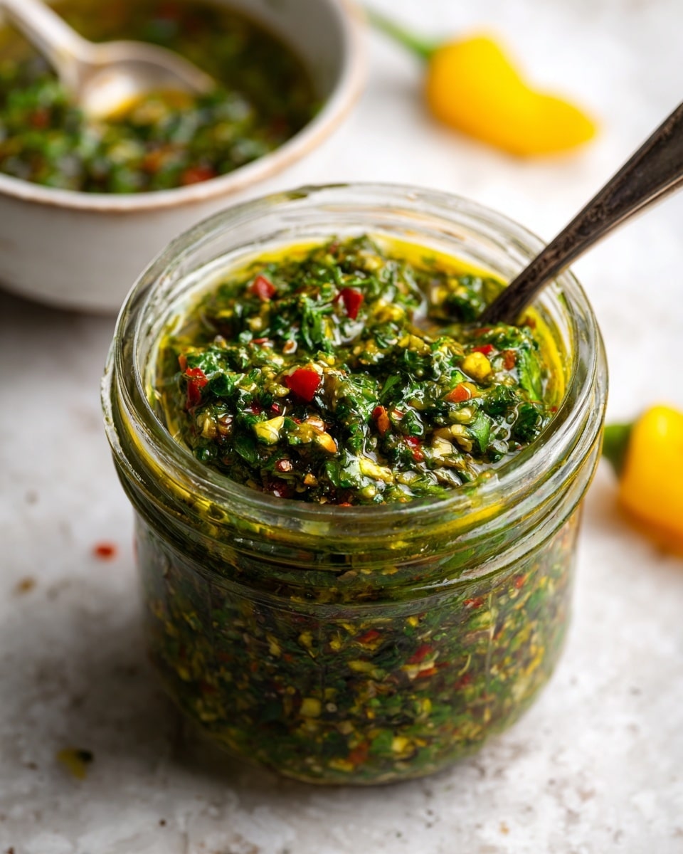 A clear glass jar filled with a chunky green sauce made of finely chopped herbs and vegetables, with small bits of red pepper visible throughout. The jar is opened and sits on a white marbled surface. Behind it, slightly out of focus, there is a small white bowl holding the same green sauce with a spoon resting inside. A yellow pepper sits nearby on the white marbled background. The texture of the sauce looks fresh and coarse, showing vibrant green and red colors. Photo taken with an iphone --ar 4:5 --v 7